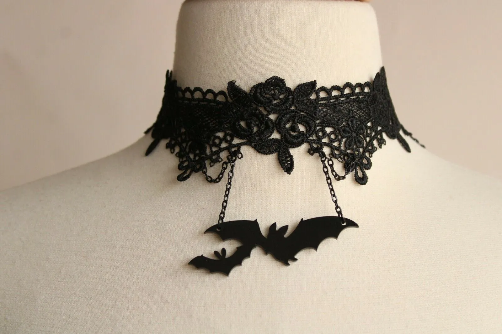 Goth Choker Necklace, Black Lace and Bats