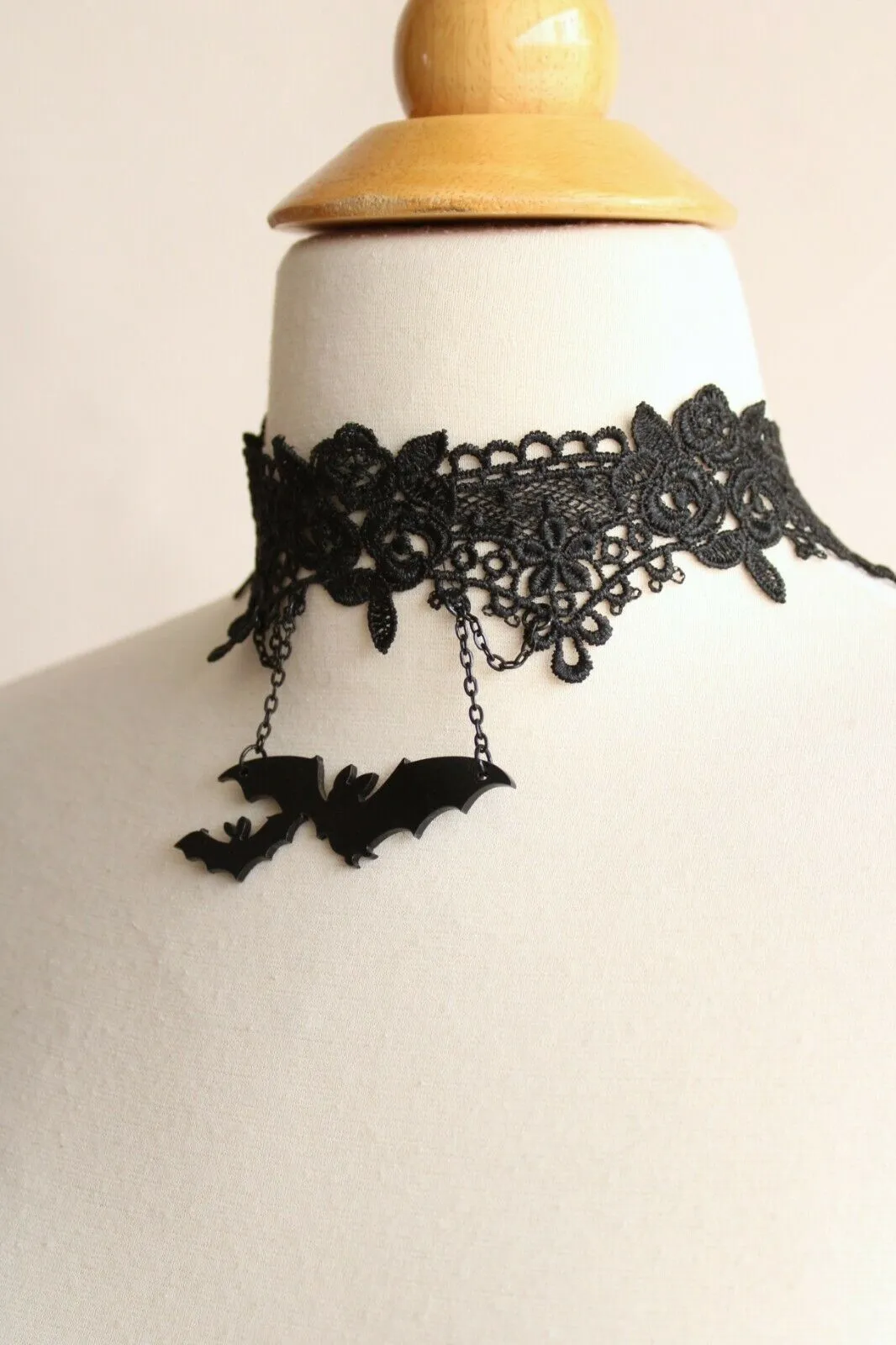 Goth Choker Necklace, Black Lace and Bats