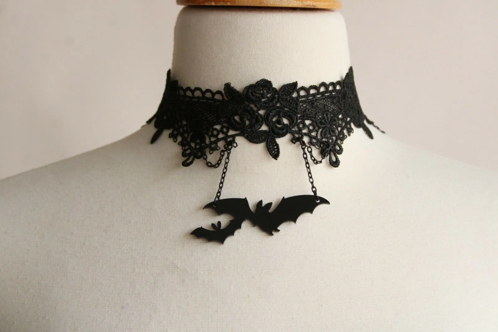 Goth Choker Necklace, Black Lace and Bats