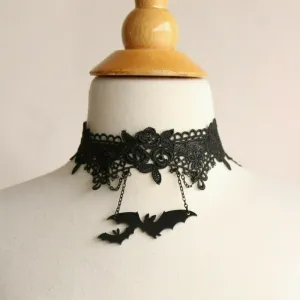 Goth Choker Necklace, Black Lace and Bats