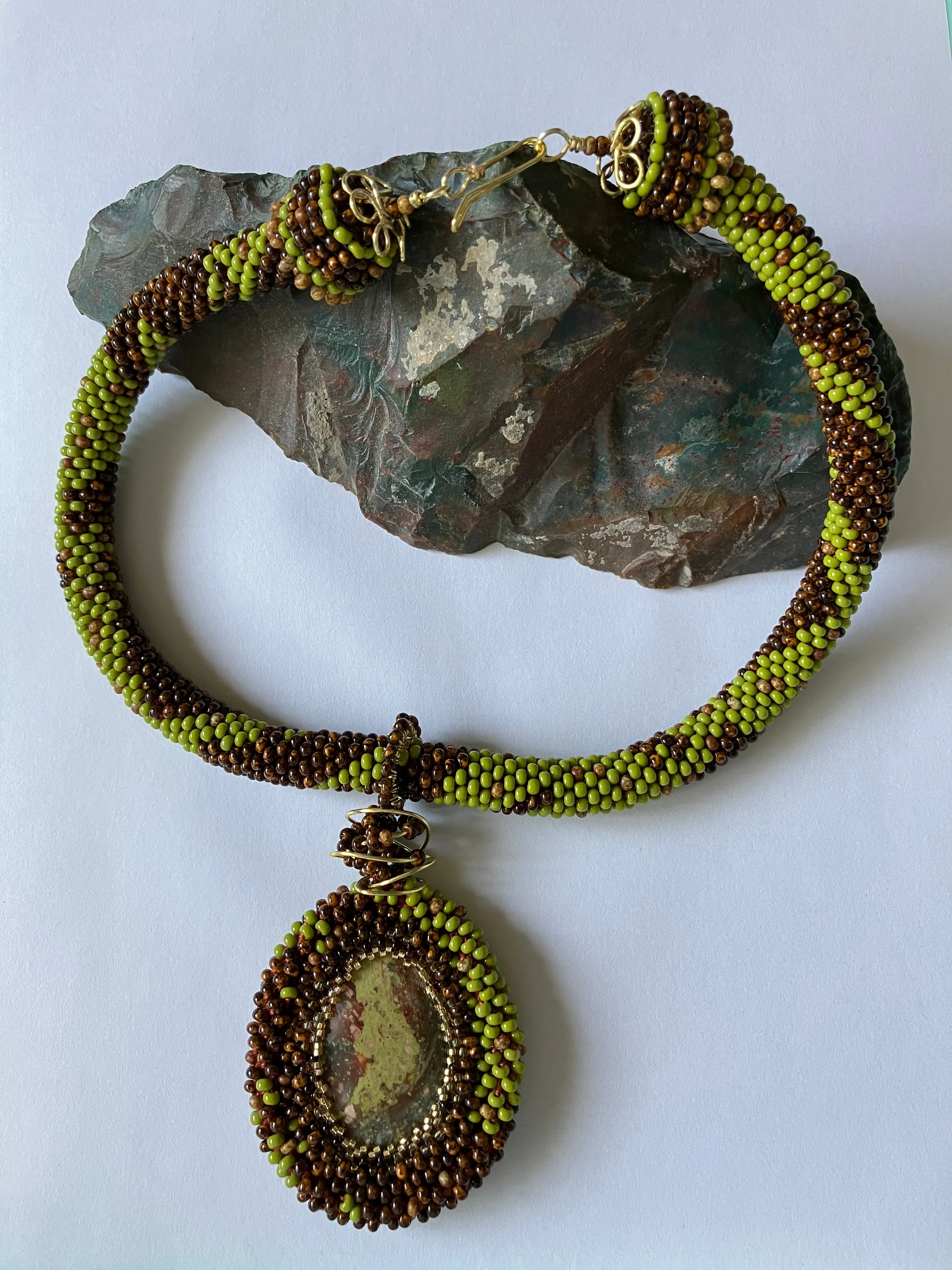 Hand-made 17" Brown and Olive Green Beaded Necklace