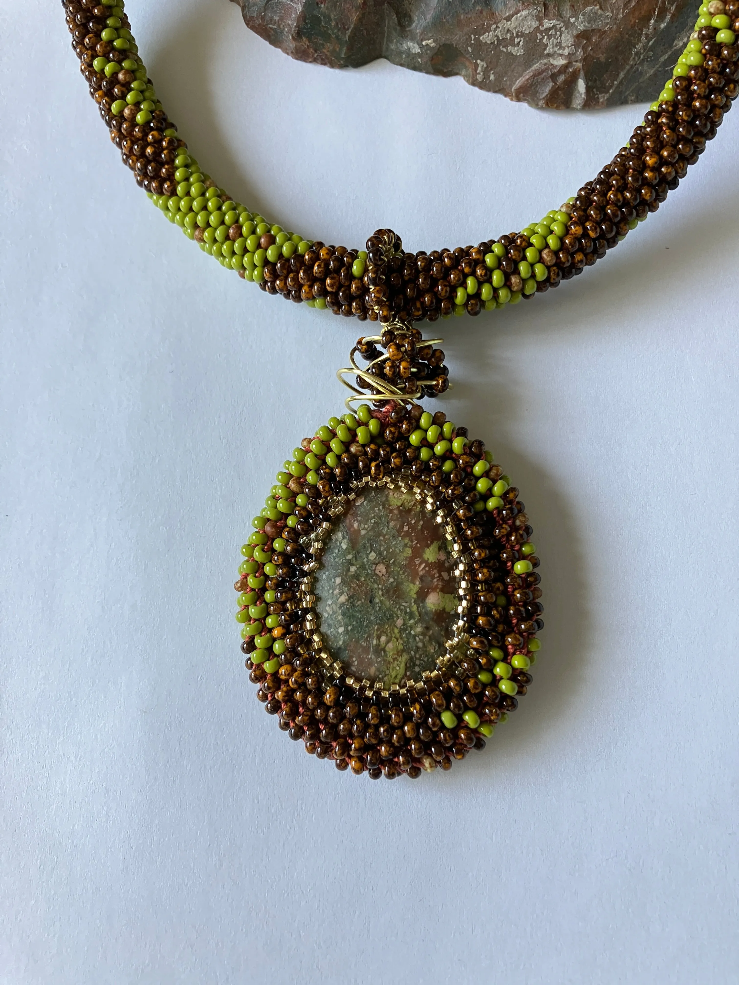 Hand-made 17" Brown and Olive Green Beaded Necklace