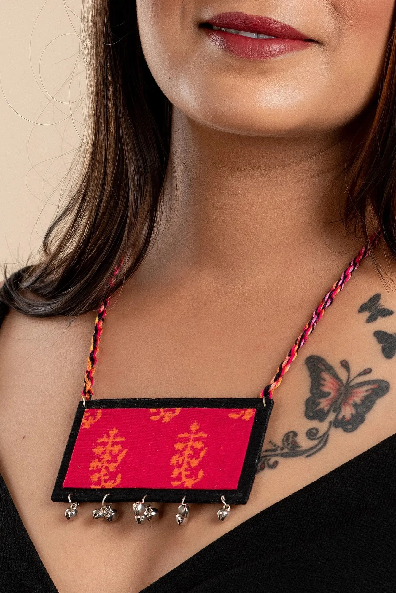 Handmade Fabric Neckpiece in Black, Pink & Orange with Ghungroo and Adjustable Dori for Women