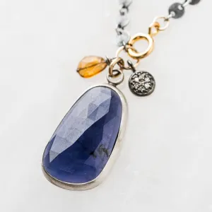 Iolite Necklace with Whiskey Quartz and Pavé Diamond Disc