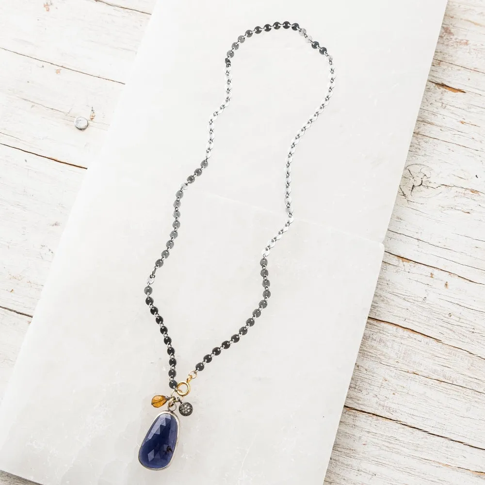 Iolite Necklace with Whiskey Quartz and Pavé Diamond Disc