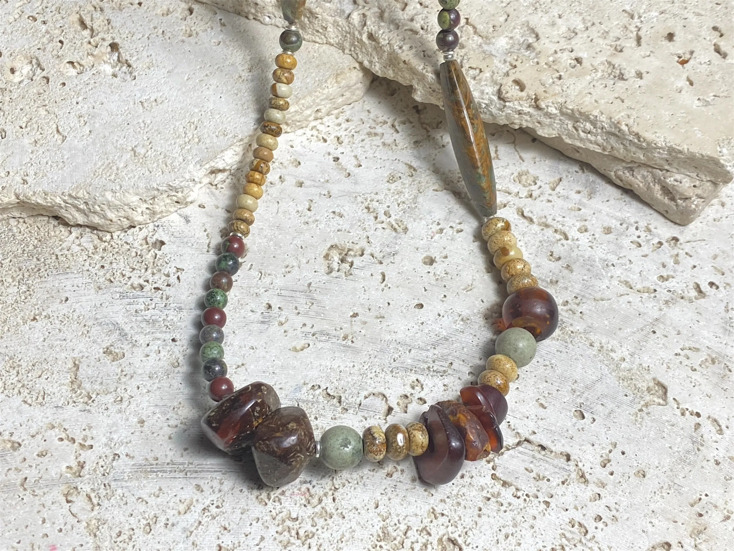 Jasper, Bloodstone And Amber Necklace