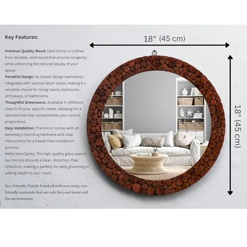 KGN Handicrafts Handcrafted Wooden Antique Frame Round Wall-Mounted Mirror, Mirror for Bedroom, Bathroom, Living Room, Wall Basin, Study Room, Office, Brown (18" Inches Round, Framed)