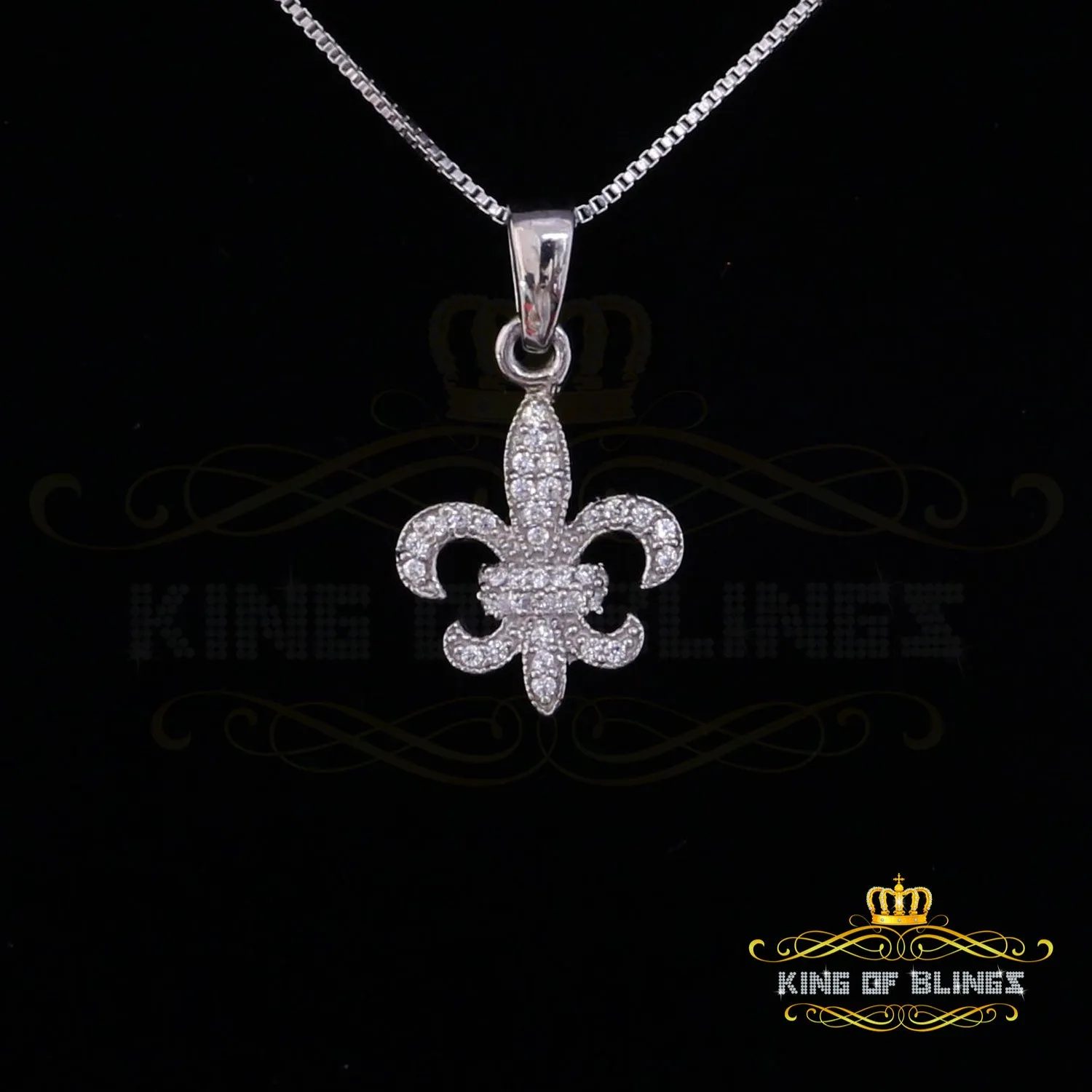 King Of Bling's 925 Sterling White Silver Fleur de Lis Shape Pendant with 0.38ct Cubic Zirconia