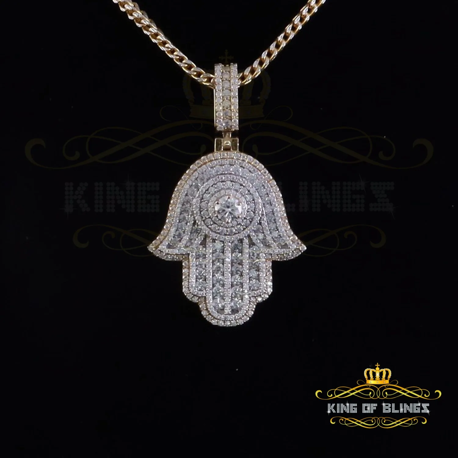 King Of Bling's Big Hamsa Pendant Men & Women 5ct VVS D Moissanite Yellow Sterling Silver Charm