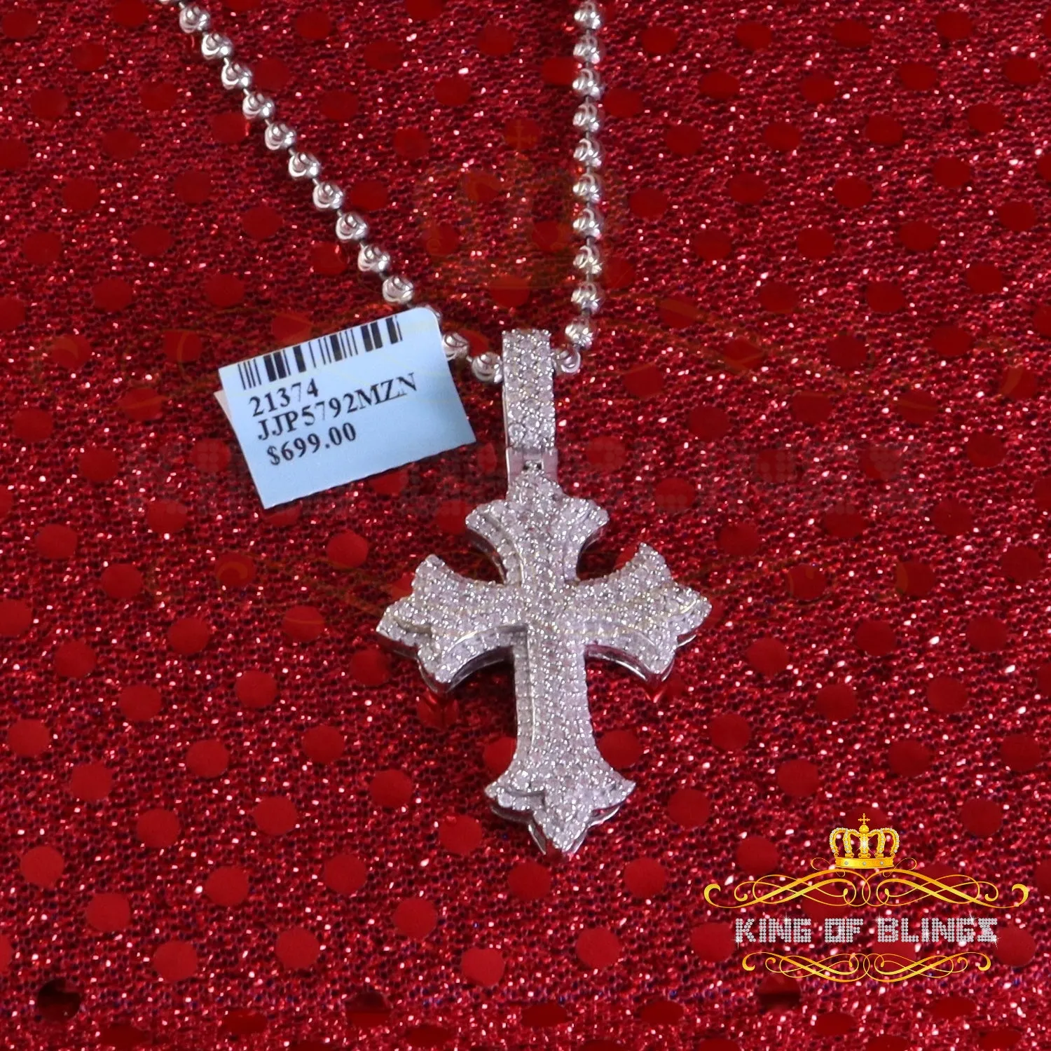 King Of Bling's Men/ Women 925 Sterling White Silver 2.50ct VVS D Clr.Moissanite Cross Pendant