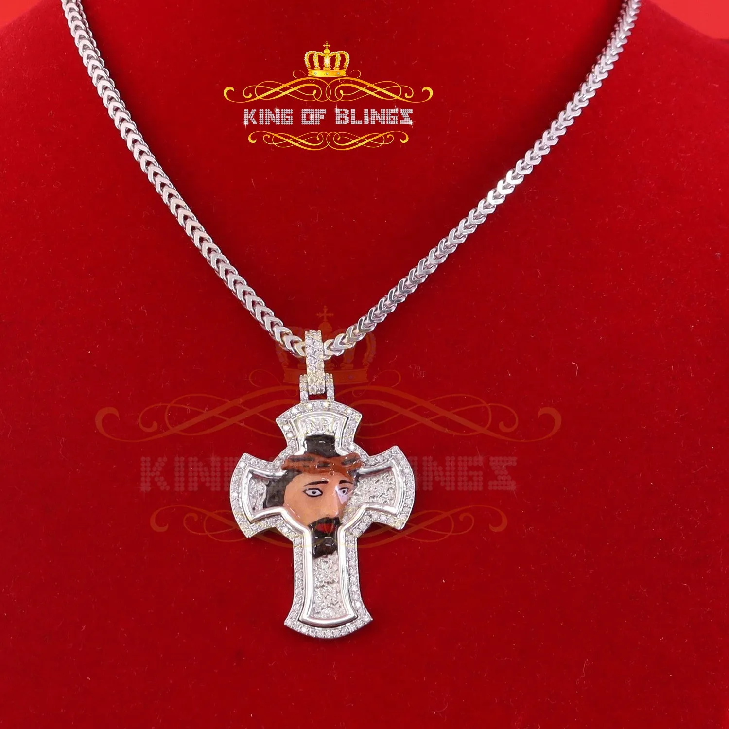 King Of Bling's Men's 'VVS ' IF'D' Moissanite 1.00CT Sterling Silver JESUS White Cross Pendant