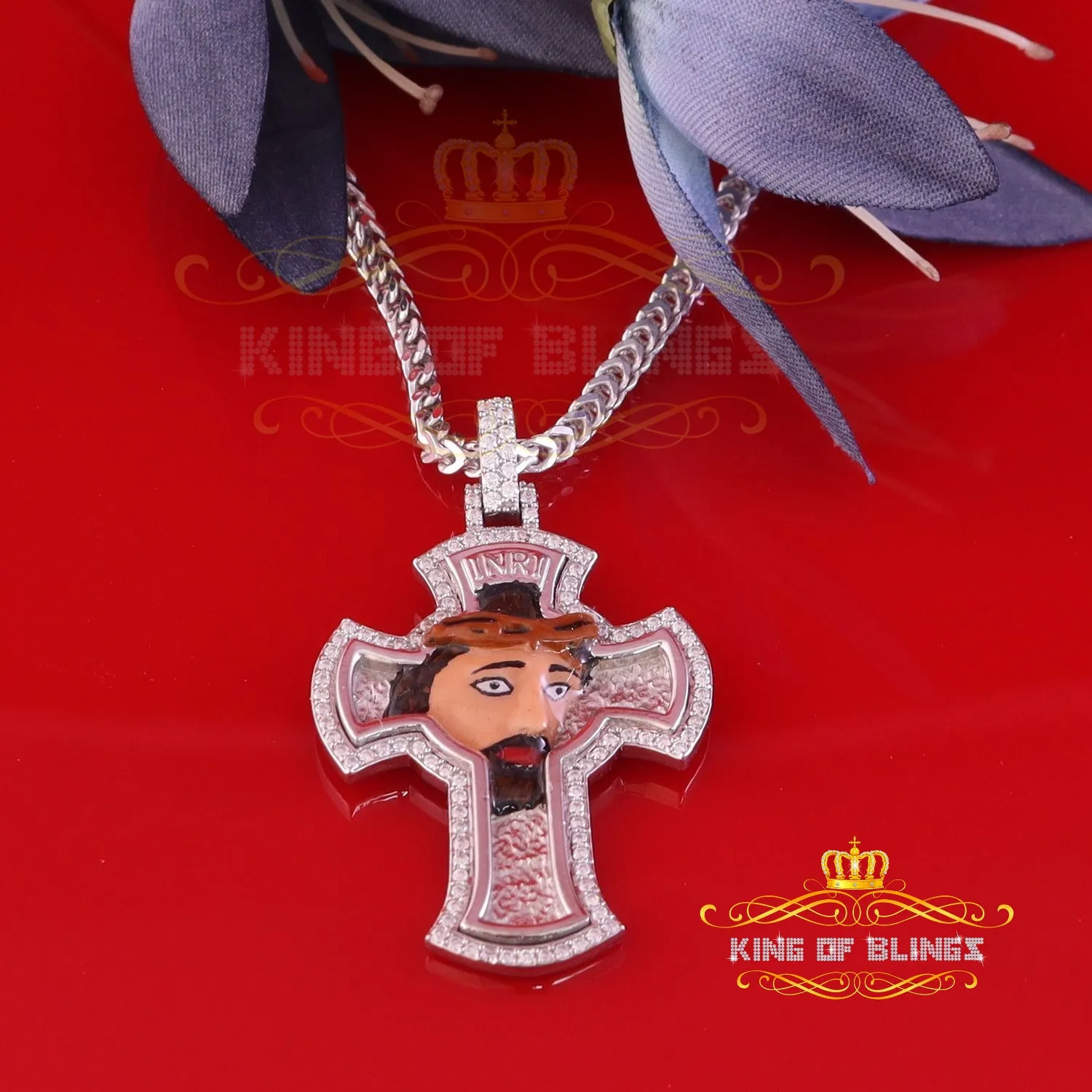 King Of Bling's Men's 'VVS ' IF'D' Moissanite 1.00CT Sterling Silver JESUS White Cross Pendant