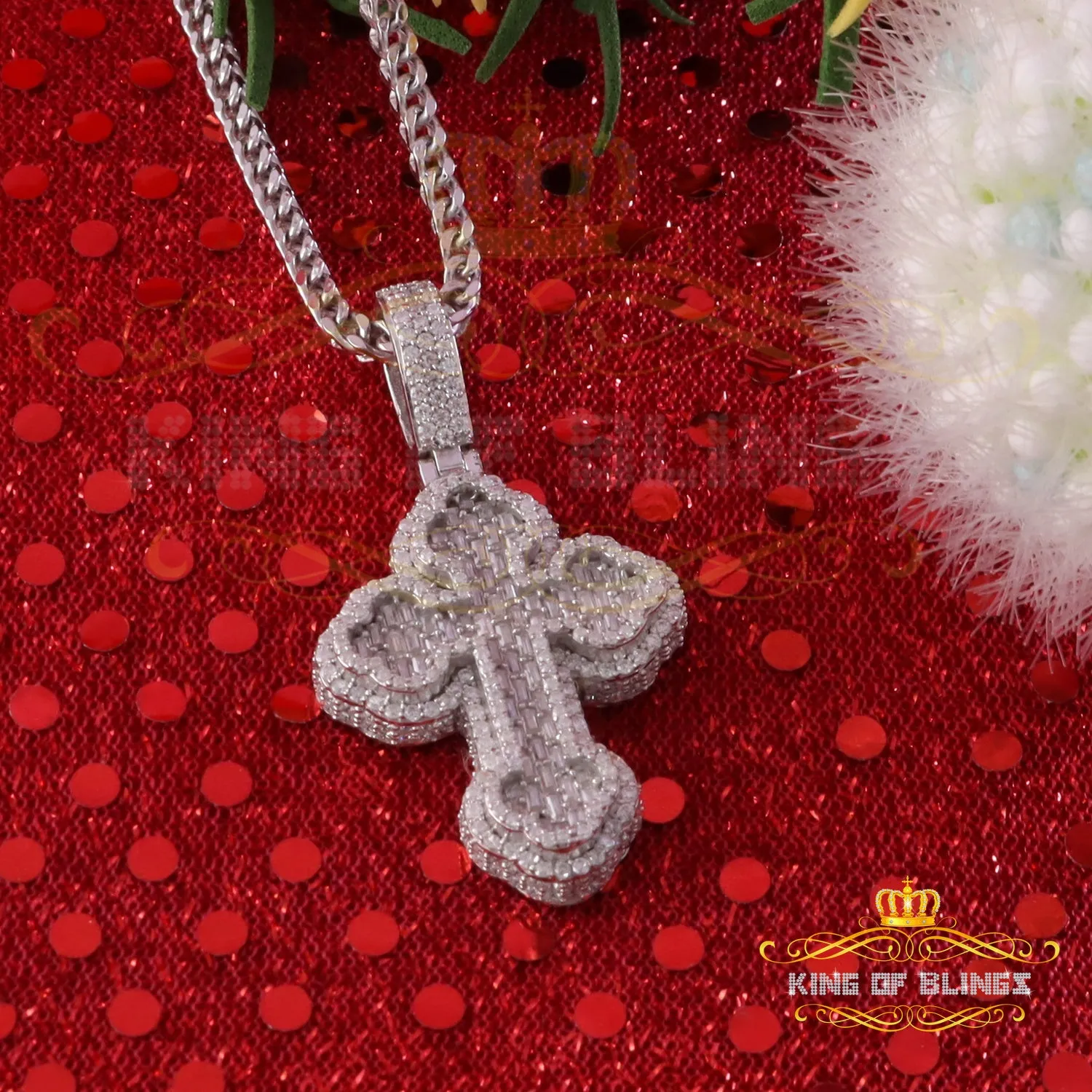 King Of Bling's New Buttony Cross 925 Silver White 4.50ct VVS D Moissanite Pendant Men's/Womens