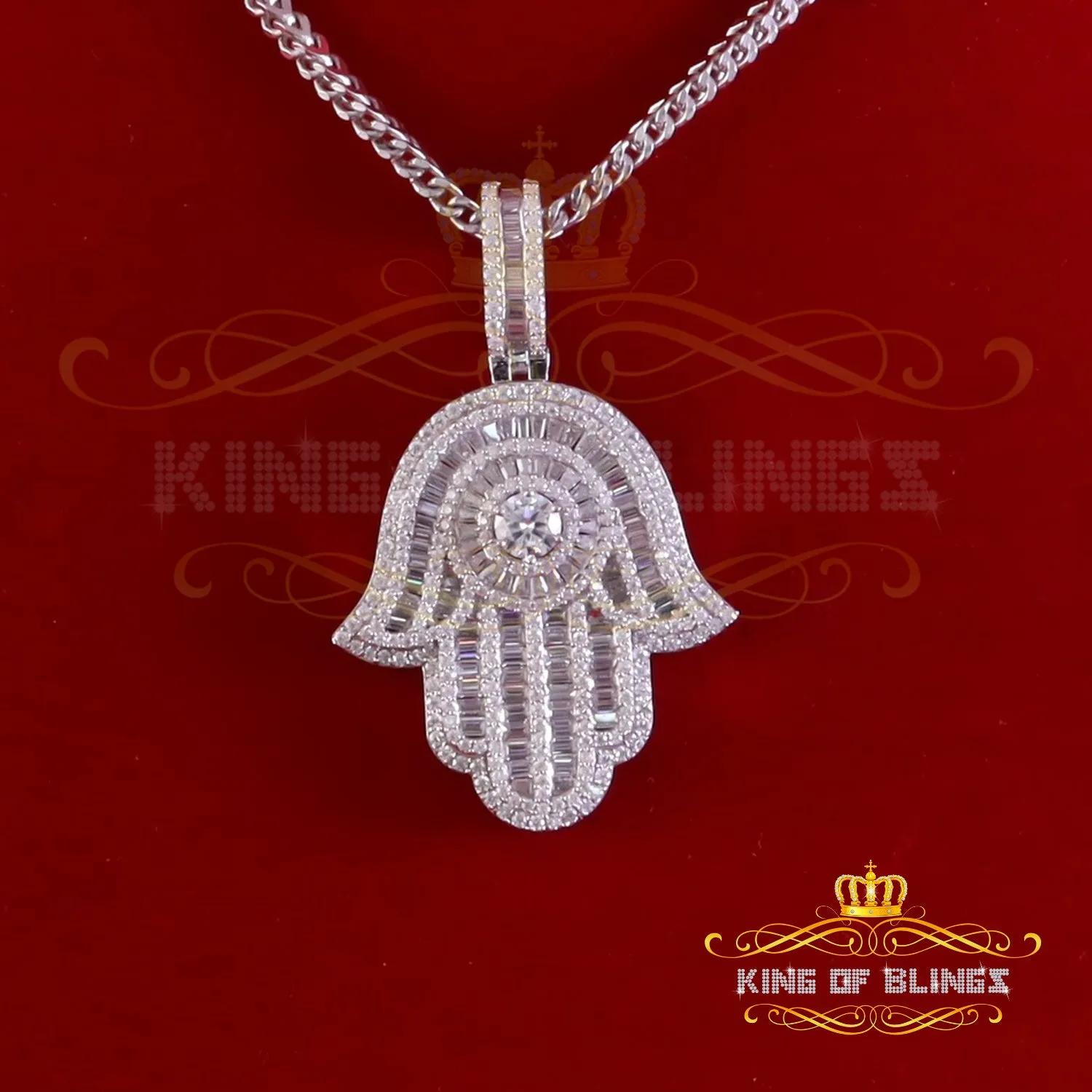 King Of Bling's Pendant 8.0ct VVS D Moissanite White Sterling Silver Charm Hamsa Men's & Women's