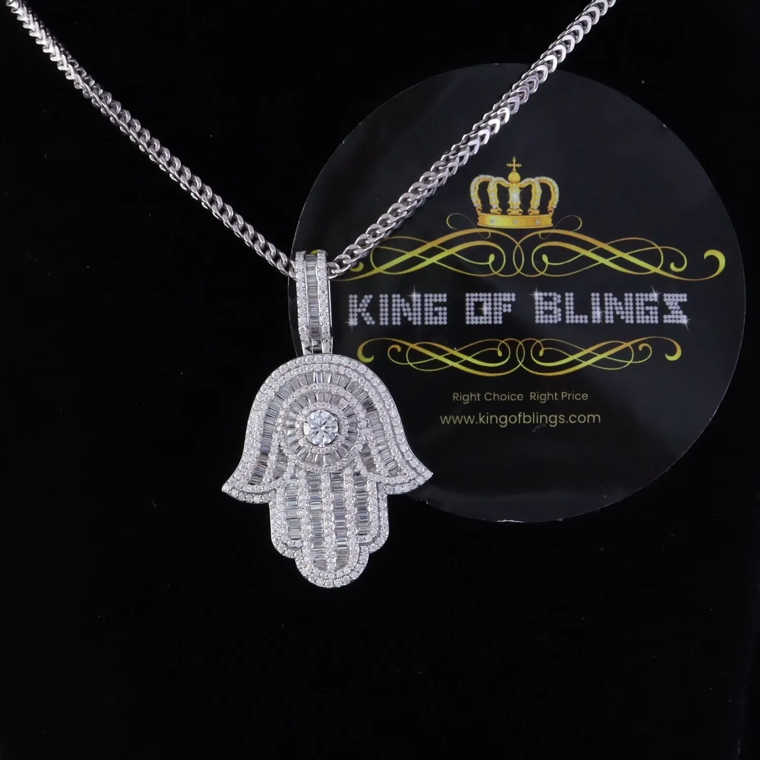 King Of Bling's Pendant 8.0ct VVS D Moissanite White Sterling Silver Charm Hamsa Men's & Women's