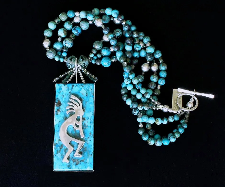 Kingman Turquoise and Sterling Silver Kokopelli Pendant with 3 Strands of Graduated Turquoise Rounds, Czech Glass, and Sterling Silver Beads and Toggle Clasp