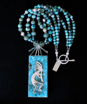 Kingman Turquoise and Sterling Silver Kokopelli Pendant with 3 Strands of Graduated Turquoise Rounds, Czech Glass, and Sterling Silver Beads and Toggle Clasp