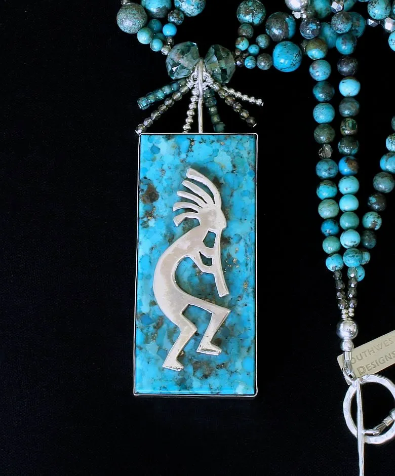 Kingman Turquoise and Sterling Silver Kokopelli Pendant with 3 Strands of Graduated Turquoise Rounds, Czech Glass, and Sterling Silver Beads and Toggle Clasp