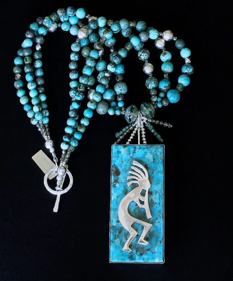 Kingman Turquoise and Sterling Silver Kokopelli Pendant with 3 Strands of Graduated Turquoise Rounds, Czech Glass, and Sterling Silver Beads and Toggle Clasp