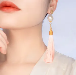 Large Baroque Pearl Pale Pink Silk Tassel Earrings