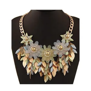 Light Blue Beaded Floral And Leaves Ornate Necklace