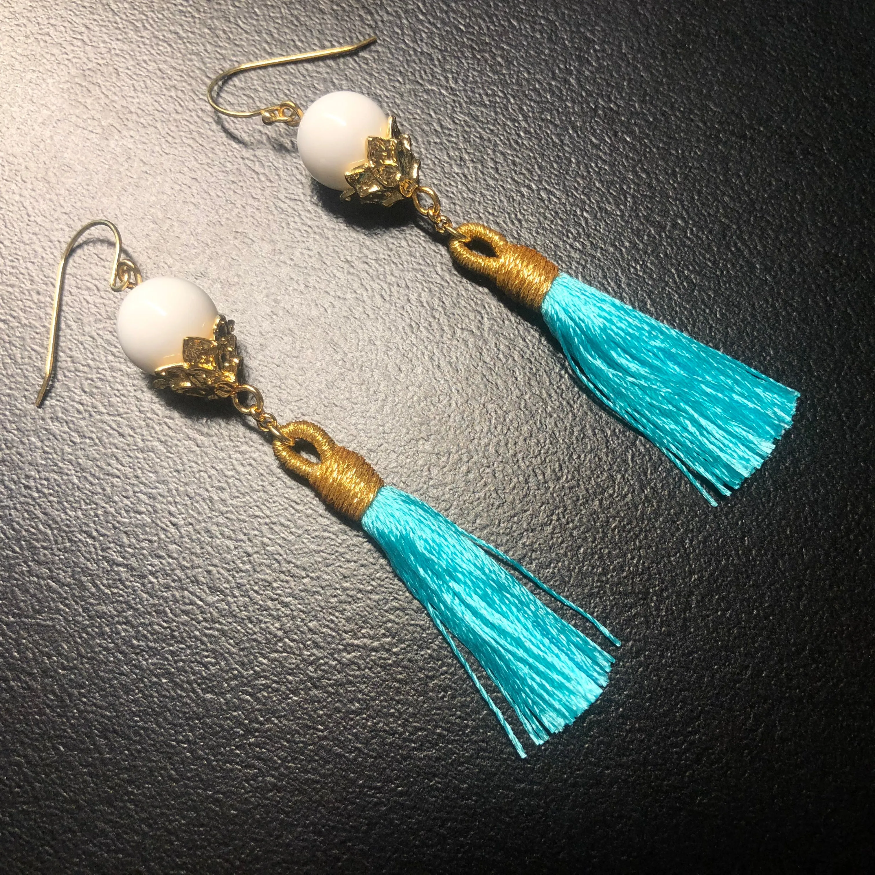 Little Lotus Silk Tassel Earrings - Turquoise