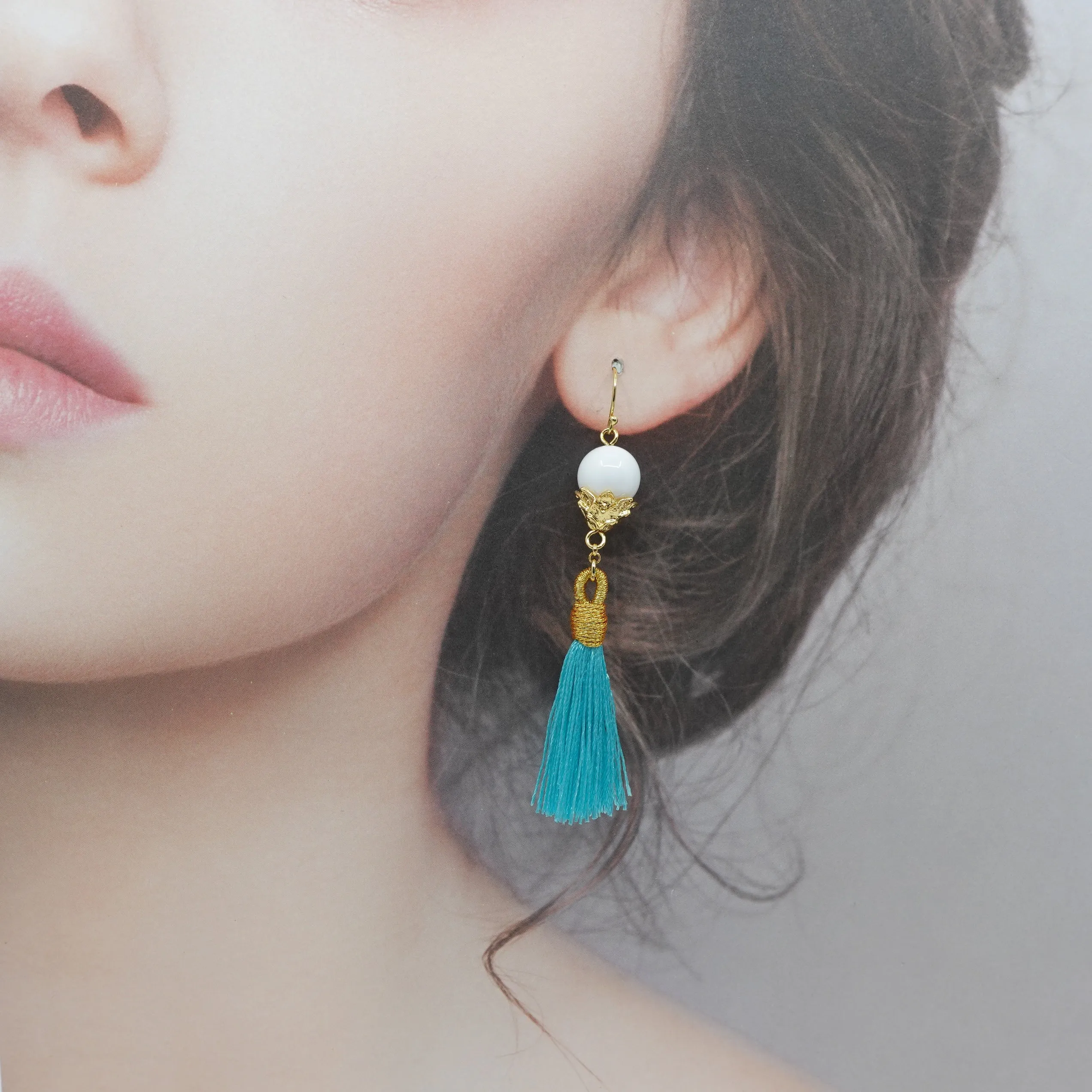 Little Lotus Silk Tassel Earrings - Turquoise