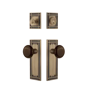 Mission Entry Set with Brown Porcelain Knob in Antique Brass