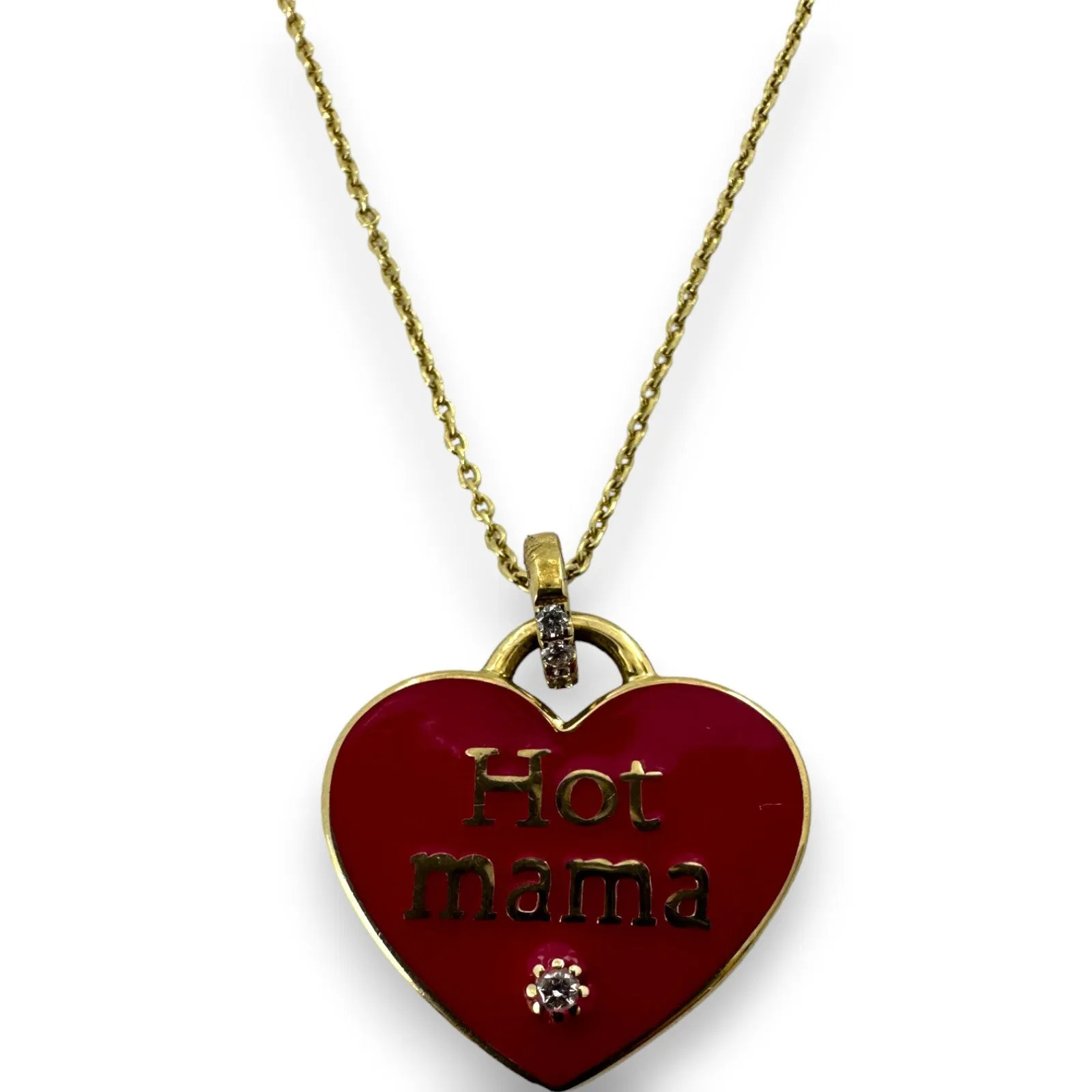 My Story Fine Jewelry "Hot Mama" Solid 14kt Yellow Gold Enamel and Diamond Hot Pink Fuschia Heart Pendant Necklace with Adjustable 16-18" Chain