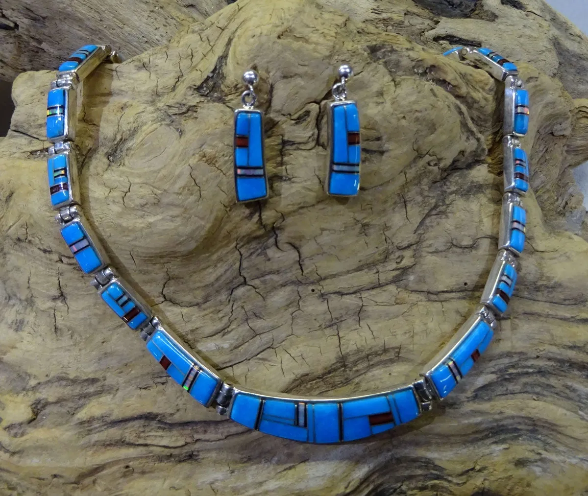 Native American Made Turquoise Inlay Link and Sterling Silver Necklace Set