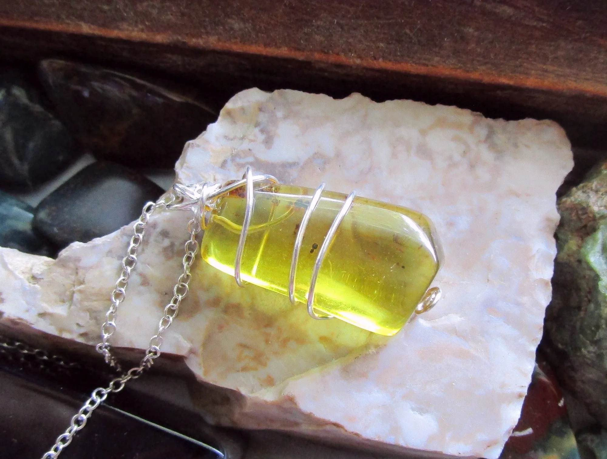 Natural Baltic Gold Amber Wire Wrapped Pendant Necklace