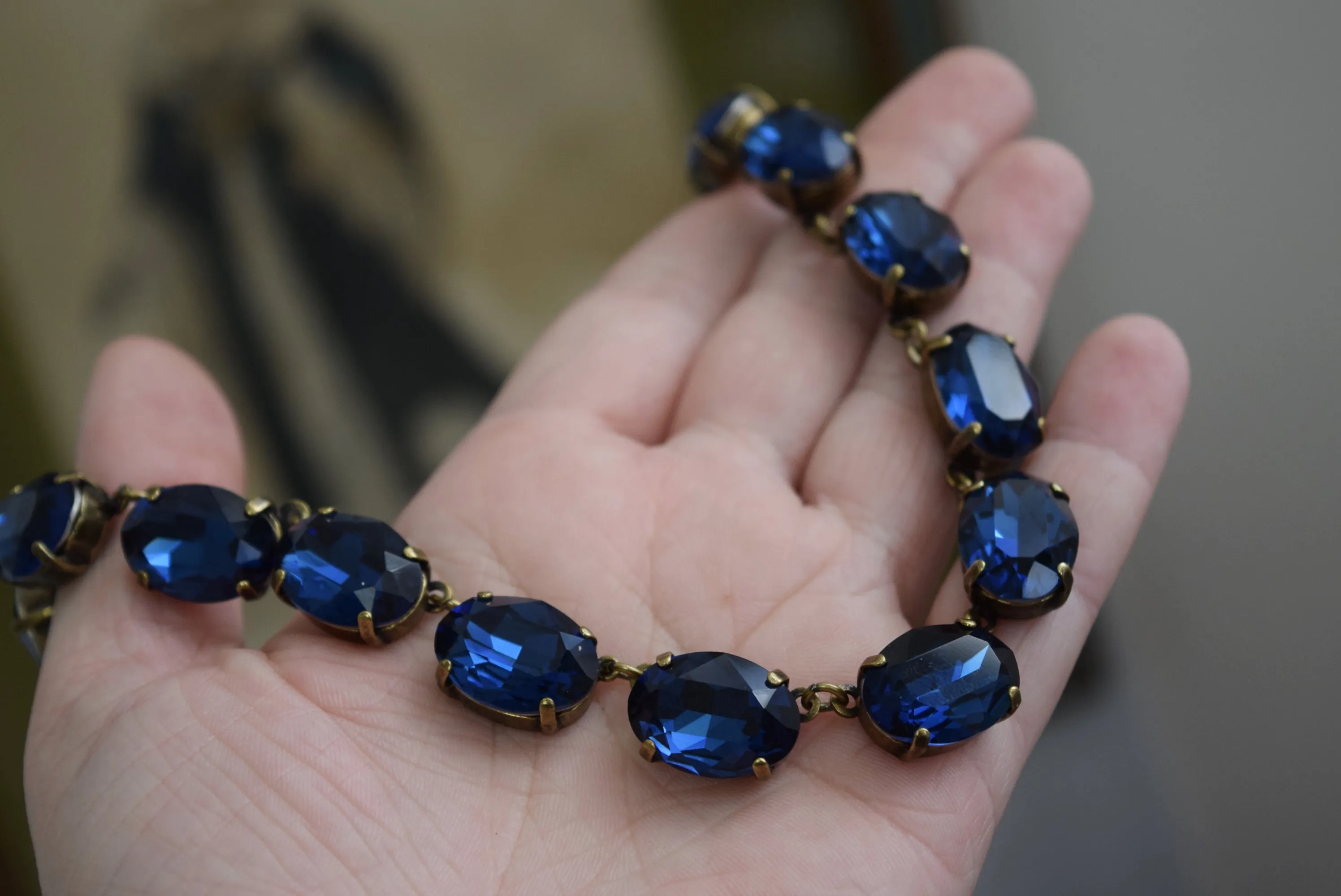 Navy Blue Aurora Crystal Collet Necklace - Large Oval