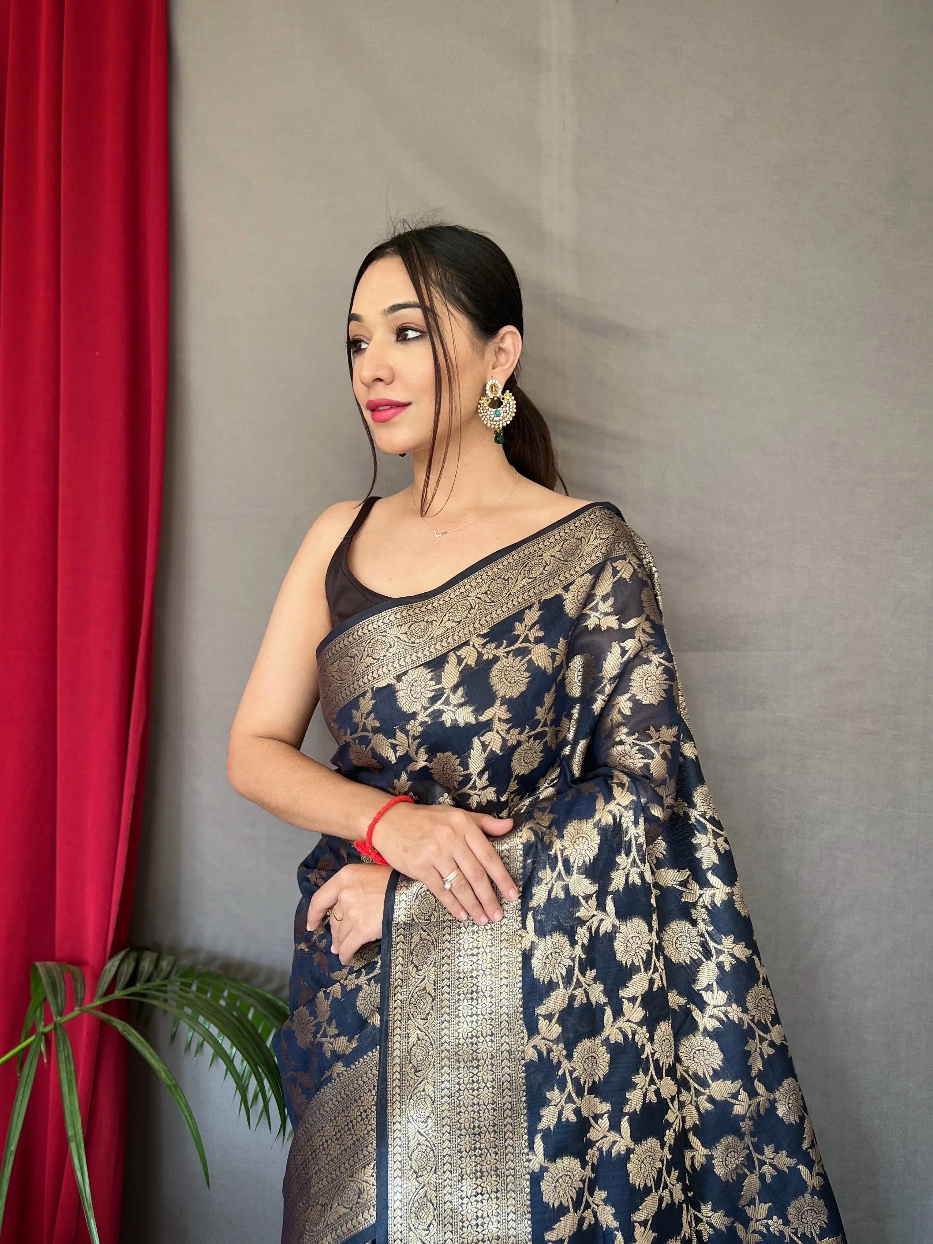 Navy Blue Saree in Cotton Linen