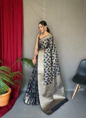 Navy Blue Saree in Cotton Linen