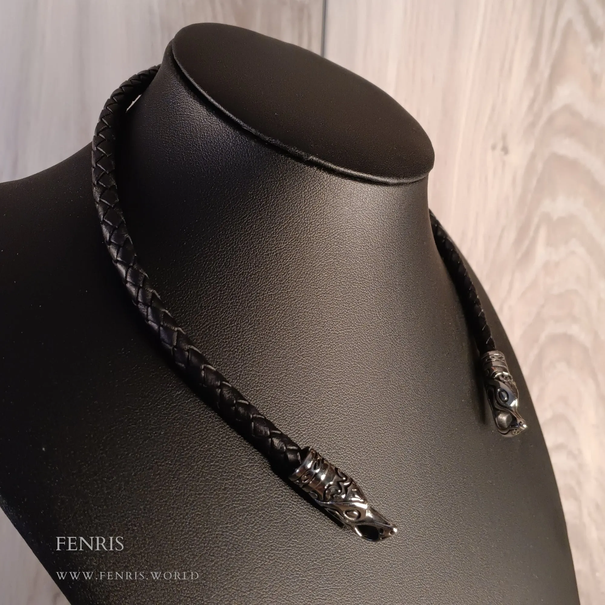 Nordic Dragon Torc Silver Black Leather | Fenris