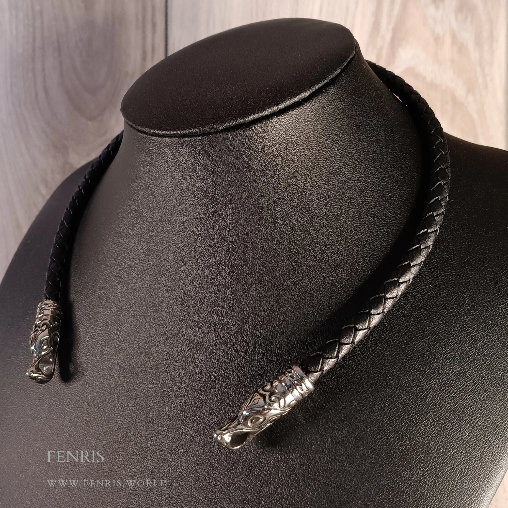 Nordic Dragon Torc Silver Black Leather | Fenris