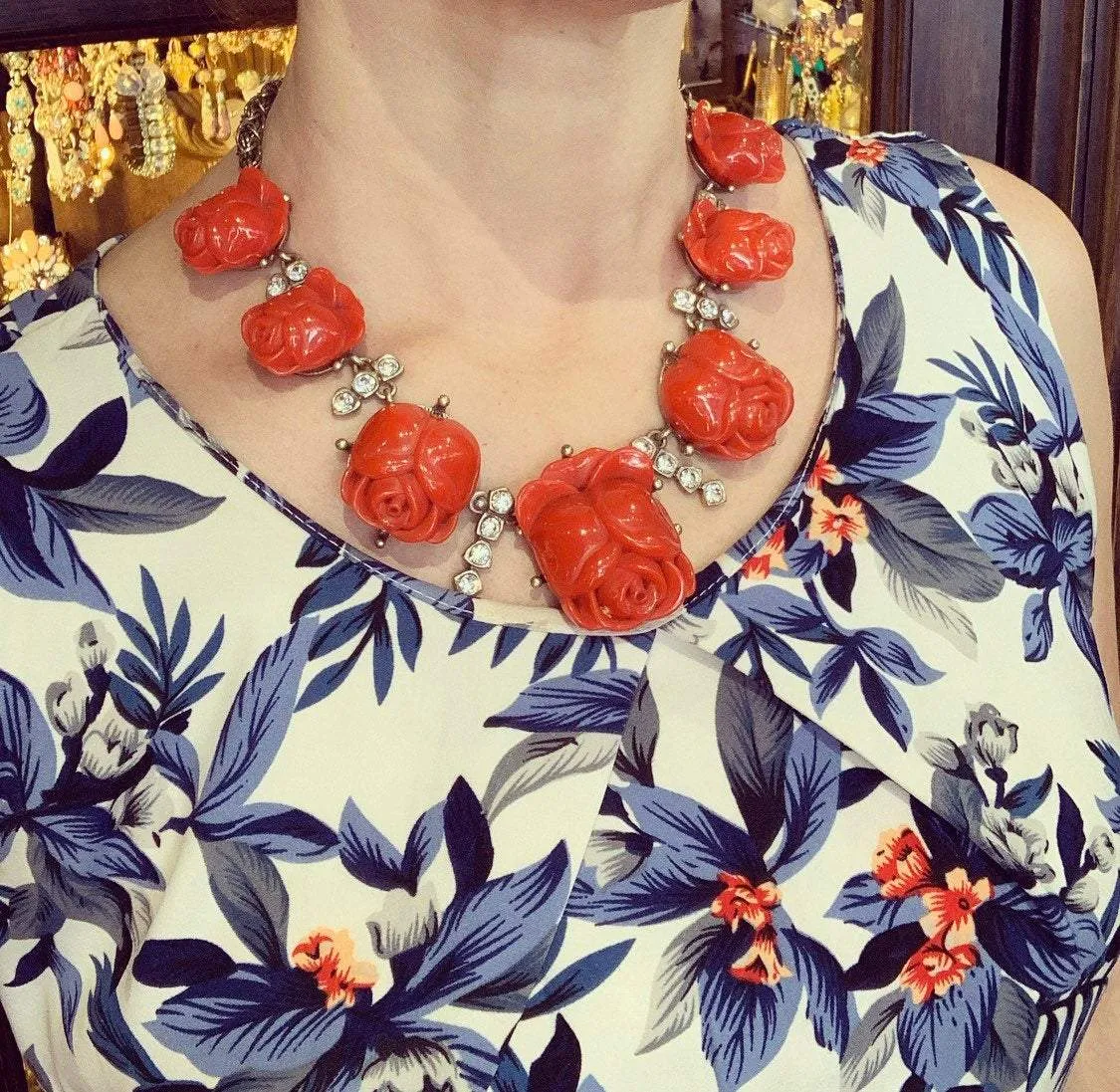 Oscar De La Renta Red Roses Tulips Necklace