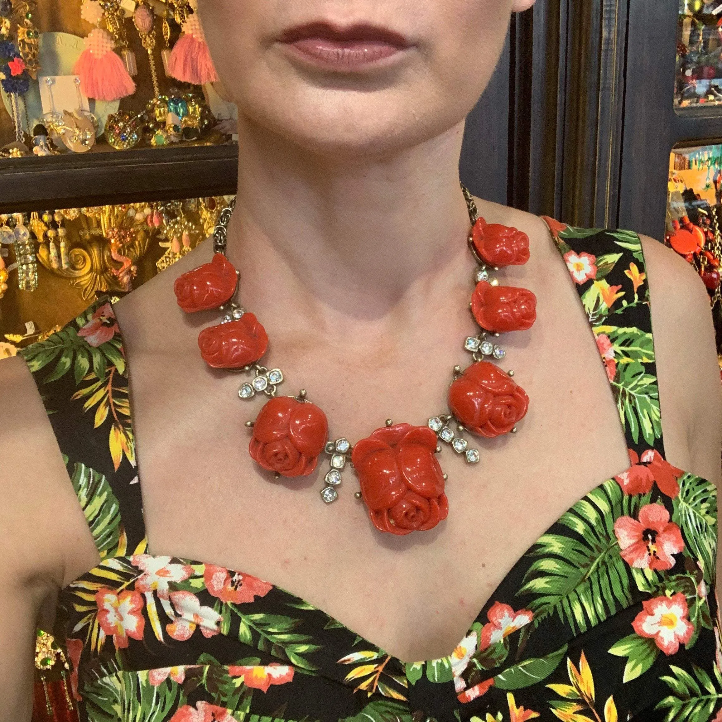 Oscar De La Renta Red Roses Tulips Necklace