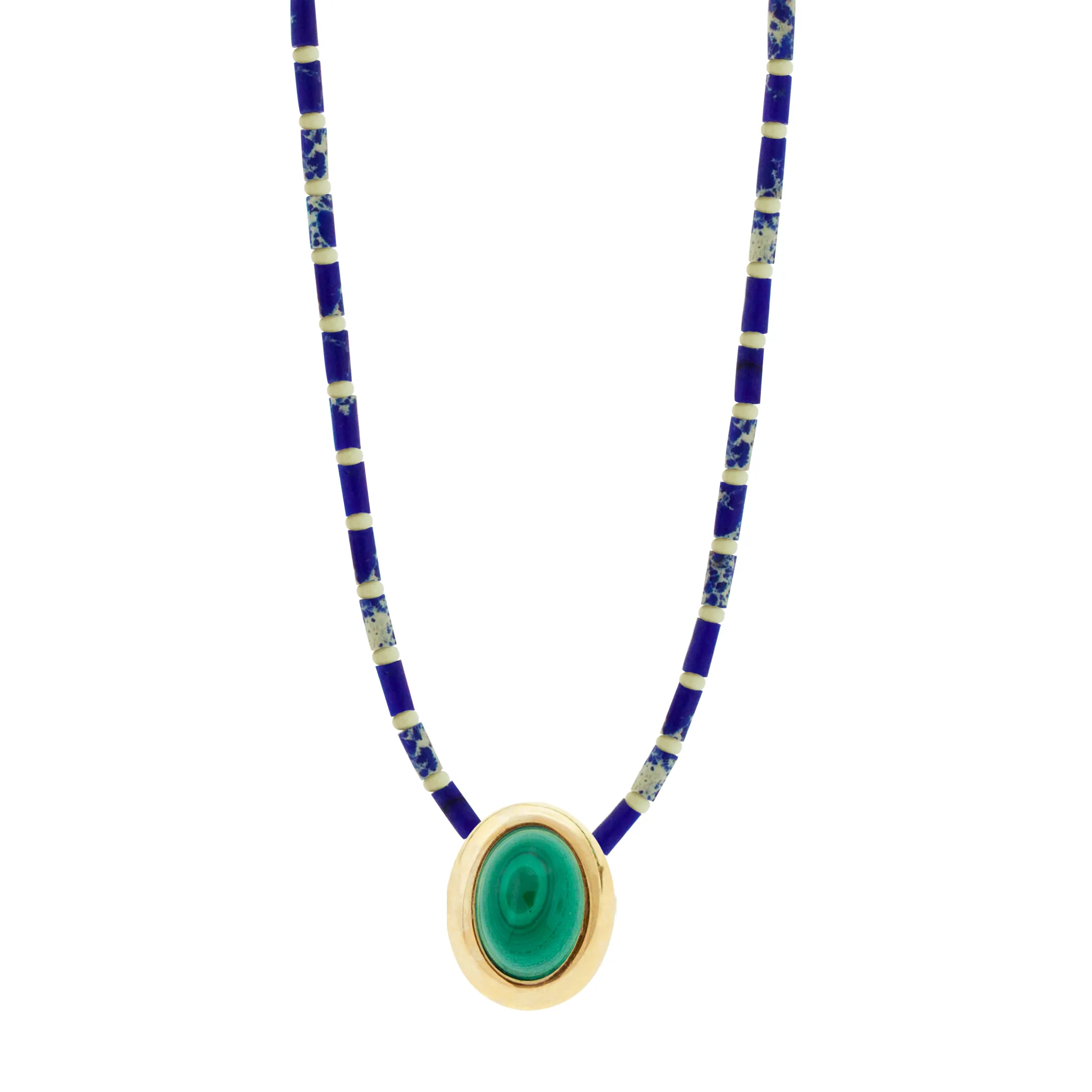 Oval Malachite Cabochon on Jasper Beaded Necklace