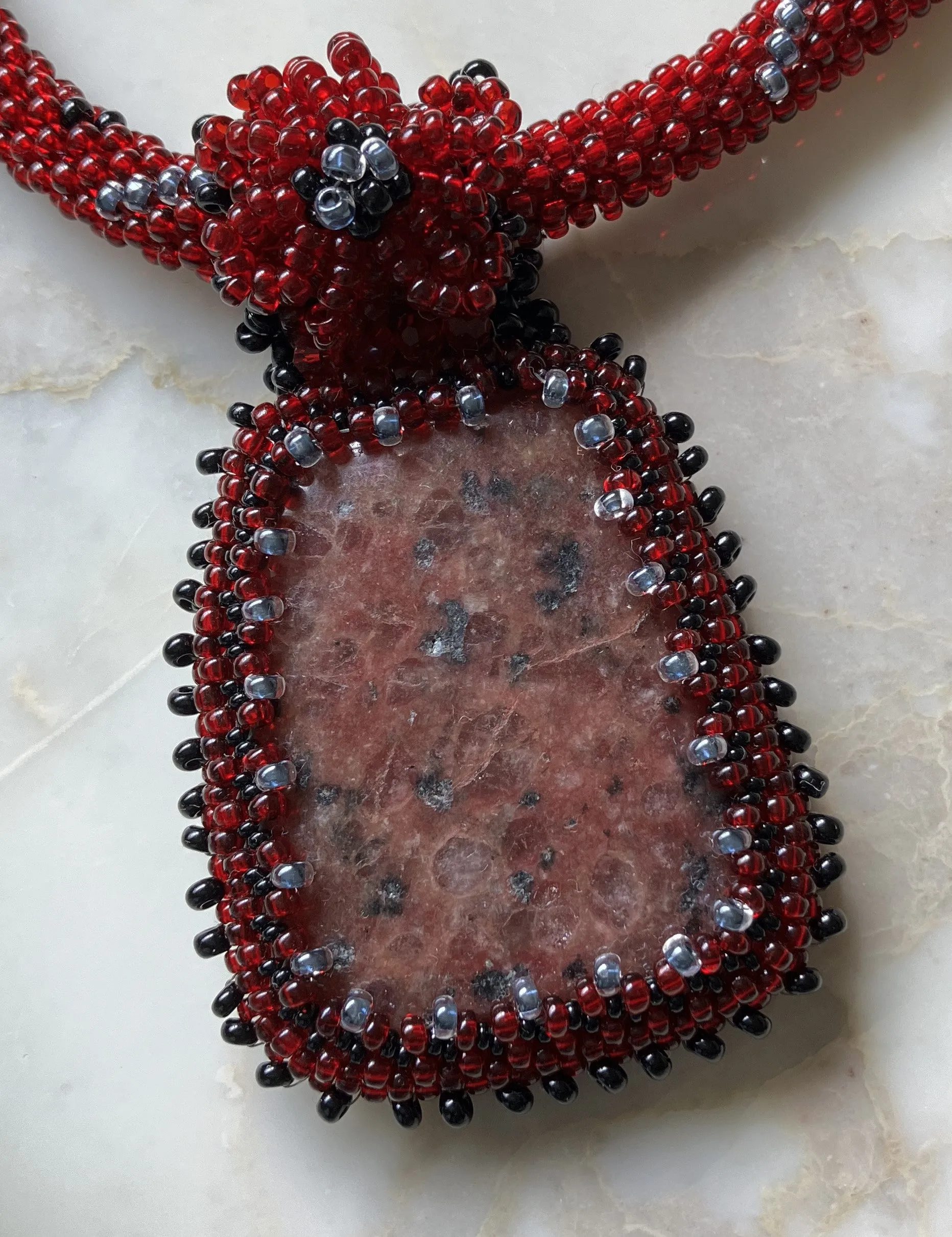 Ruby Kiwi Jasper Necklace with Crystals and Bead Crochet Necklace