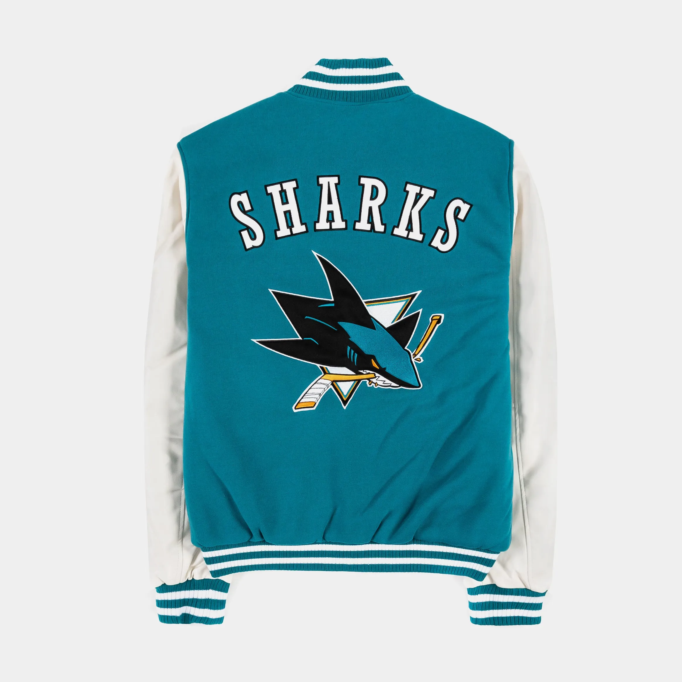 San Jose Sharks Reversible Letterman Mens Jacket (Teal/White)