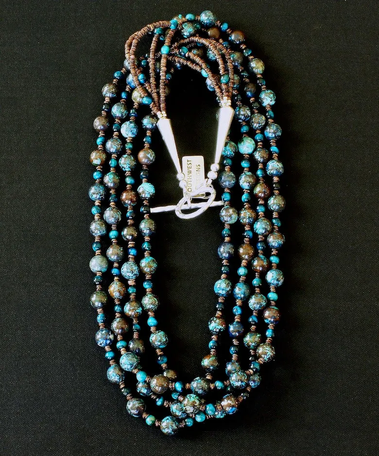 Shattuckite & Blue Hawk's Eye Rounds 4-Strand Necklace with Olive Shell Heishi and Sterling Silver Cones & Toggle Clasp