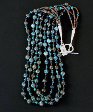 Shattuckite & Blue Hawk's Eye Rounds 4-Strand Necklace with Olive Shell Heishi and Sterling Silver Cones & Toggle Clasp