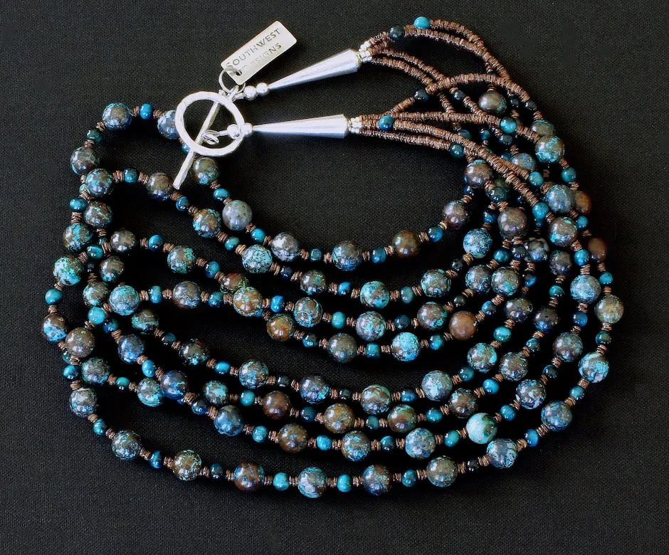 Shattuckite & Blue Hawk's Eye Rounds 4-Strand Necklace with Olive Shell Heishi and Sterling Silver Cones & Toggle Clasp