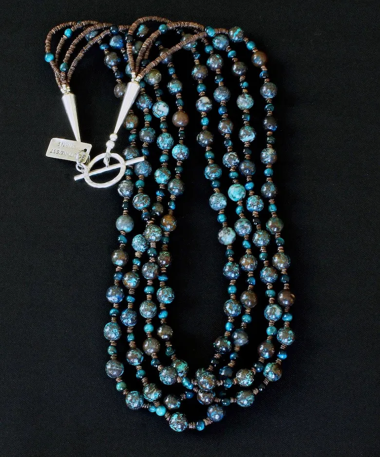 Shattuckite & Blue Hawk's Eye Rounds 4-Strand Necklace with Olive Shell Heishi and Sterling Silver Cones & Toggle Clasp