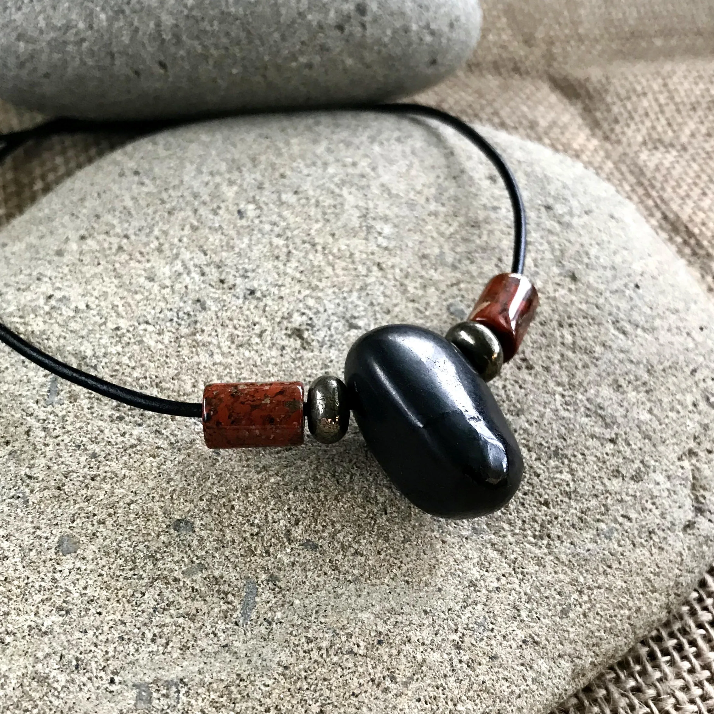 Shungite Necklace With Poppy Jasper and Pyrite Beads, Root Chakra