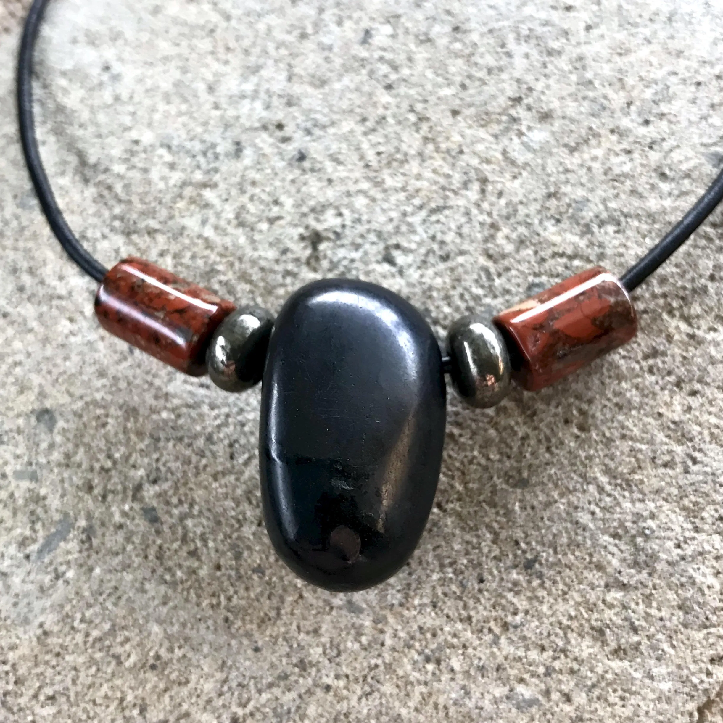 Shungite Necklace With Poppy Jasper and Pyrite Beads, Root Chakra