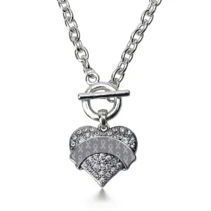 Silver Gray Ribbon Support Pave Heart Charm Toggle Necklace