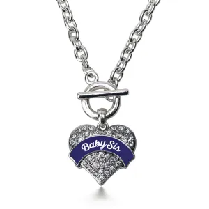 Silver Navy Blue Baby Sister Pave Heart Charm Toggle Necklace