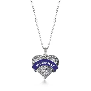 Silver Navy Blue Bridesmaid Pave Heart Charm Classic Necklace